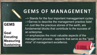 GEMS OF MANAGEMENT
--> Stands for the four important managgement cycles.
-->Serves to describe the management practice itslef.
--> Just like the precious stones of the earth, are
fundamental blocks that contribute to the success of
an enterprise.
--> emphasizes the most valuable aspects of the
management process - aspects that serve as the "gold
mine" of management excellence.
GEMS
Goal
Excuting
Measuring
Sustaining
 