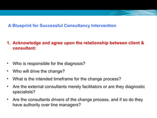 A Blueprint for Successful Consultancy Intervention
1. Acknowledge and agree upon the relationship between client &
consultant:
• Who is responsible for the diagnosis?
• Who will drive the change?
• What is the intended timeframe for the change process?
• Are the external consultants merely facilitators or are they diagnostic
specialists?
• Are the consultants drivers of the change process, and if so do they
have authority over line managers?
 