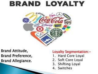 Brand Attitude,
Brand Preference,
Brand Allegiance.
Loyalty Segmentation:-
1. Hard Core Loyal
2. Soft Core Loyal
3. Shifting Loyal
4. Switches
 