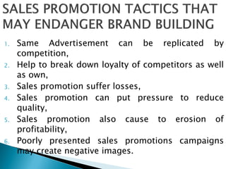 1. Same Advertisement can be replicated by
competition,
2. Help to break down loyalty of competitors as well
as own,
3. Sales promotion suffer losses,
4. Sales promotion can put pressure to reduce
quality,
5. Sales promotion also cause to erosion of
profitability,
6. Poorly presented sales promotions campaigns
may create negative images.
 