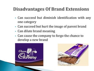  Can succeed but diminish identification with any
one category
 Can succeed but hurt the image of parent brand
 Can dilute brand meaning
 Can cause the company to forgo the chance to
develop a new brand
 