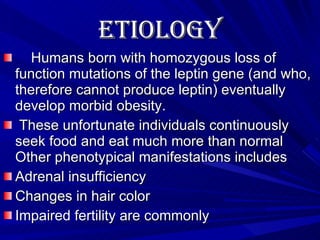 Etiology   Humans born with homozygous loss of function mutations of the leptin gene (and who, therefore cannot produce leptin) eventually develop morbid obesity. These unfortunate individuals continuously seek food and eat much more than normal  Other phenotypical manifestations includes Adrenal insufficiency Changes in hair color Impaired fertility are commonly  