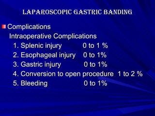 Laparoscopic Gastric banding Complications Intraoperative Complications 1. Splenic injury  0 to 1 % 2. Esophageal injury  0 to 1% 3. Gastric injury  0 to 1% 4. Conversion to open procedure  1 to 2 % 5. Bleeding  0 to 1% 