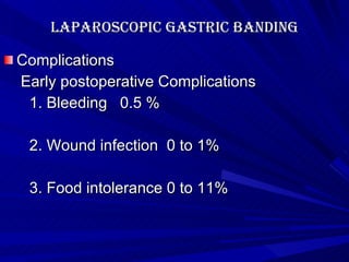 Laparoscopic Gastric banding Complications Early postoperative Complications 1. Bleeding  0.5 % 2. Wound infection  0 to 1% 3. Food intolerance 0 to 11% 