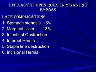 Efficacy of Open roux en y gastric bypass late Complications 1. Stomach stenosis  15% 2. Marginal Ulcer  13% 3. Intestinal Obstruction 4. Internal Hernia 5. Staple line destruction 6. Incisional Hernia 