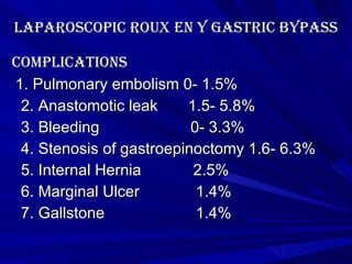 Laparoscopic roux en y gastric bypass complications 1. Pulmonary embolism 0- 1.5% 2. Anastomotic leak  1.5- 5.8% 3. Bleeding  0- 3.3% 4. Stenosis of gastroepinoctomy 1.6- 6.3% 5. Internal Hernia  2.5% 6. Marginal Ulcer  1.4% 7. Gallstone  1.4% 