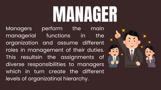 MANAGER
Managers perform the main
managerial functions in the
organization and assume different
roles in management of their duties.
This resultsin the assignments of
diverse responsibilities to managers
which in turn create the different
levels of organizatinal hierarchy.
 