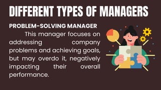 DIFFERENT TYPES OF MANAGERS
PROBLEM-SOLVING MANAGER
This manager focuses on
addressing company
problems and achieving goals,
but may overdo it, negatively
impacting their overall
performance.
 