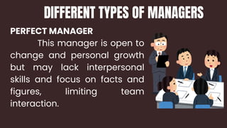 PERFECT MANAGER
This manager is open to
change and personal growth
but may lack interpersonal
skills and focus on facts and
figures, limiting team
interaction.
DIFFERENT TYPES OF MANAGERS
 