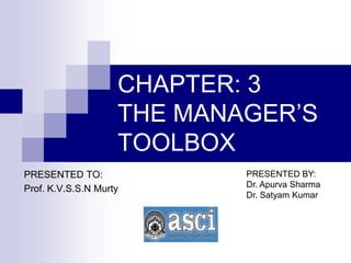 CHAPTER: 3
THE MANAGER’S
TOOLBOX
PRESENTED TO:
Prof. K.V.S.S.N Murty
PRESENTED BY:
Dr. Apurva Sharma
Dr. Satyam Kumar
 