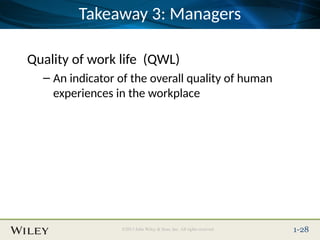 Place Slide Title Text Here
©2013 John Wiley & Sons, Inc. All rights reserved. 1-28
Takeaway 3: Managers
Quality of work life (QWL)
– An indicator of the overall quality of human
experiences in the workplace
 