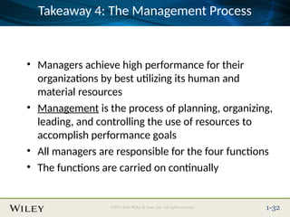 Place Slide Title Text Here
©2013 John Wiley & Sons, Inc. All rights reserved. 1-32
Takeaway 4: The Management Process
• Managers achieve high performance for their
organizations by best utilizing its human and
material resources
• Management is the process of planning, organizing,
leading, and controlling the use of resources to
accomplish performance goals
• All managers are responsible for the four functions
• The functions are carried on continually
 