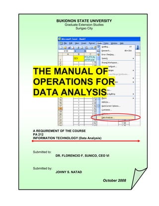 BUKIDNON STATE UNIVERSITY
                     Graduate Extension Studies
                            Surigao City




THE MANUAL OF
OPERATIONS FOR
DATA ANALYSIS



A REQUIREMENT OF THE COURSE
PA 212
INFORMATION TECHNOLOGY (Data Analysis)



Submitted to:
                DR. FLORENCIO F. SUNICO, CEO VI



Submitted by:
                JOHNY S. NATAD

                                              October 2008
 