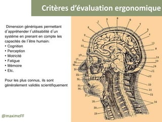 Critères d’évaluation ergonomique
Dimension génériques permettant
d’appréhender l’utilisabilité d’un
système en prenant en compte les
capacités de l’être humain:
• Cognition
• Perception
• Motricité
• Fatigue
• Mémoire
• Etc.
Pour les plus connus, ils sont
généralement validés scientifiquement
@maximeFF
 