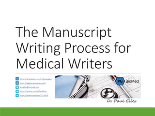 The Manuscript
Writing Process for
Medical Writers
Dr Paul Giles
PG BioMed
 