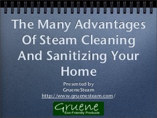 The Many Advantages
Of Steam Cleaning
And Sanitizing Your
Home
Presented by
GrueneSteam
http://www.gruenesteam.com/
 