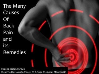 The Many
Causes
Of
Back
Pain
and
its
Remedies
Street Coaching Group
Presented by: Juanita Street, RYT, Yoga Therapist, MBA Health
 