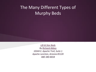 The Many Different Types of
      Murphy Beds




            Lift & Stor Beds
           By Richard Abbey
      10344 E. Apache Trail, Suite 1
     Apache Junction, Arizona 85120
             480-380-8018
 