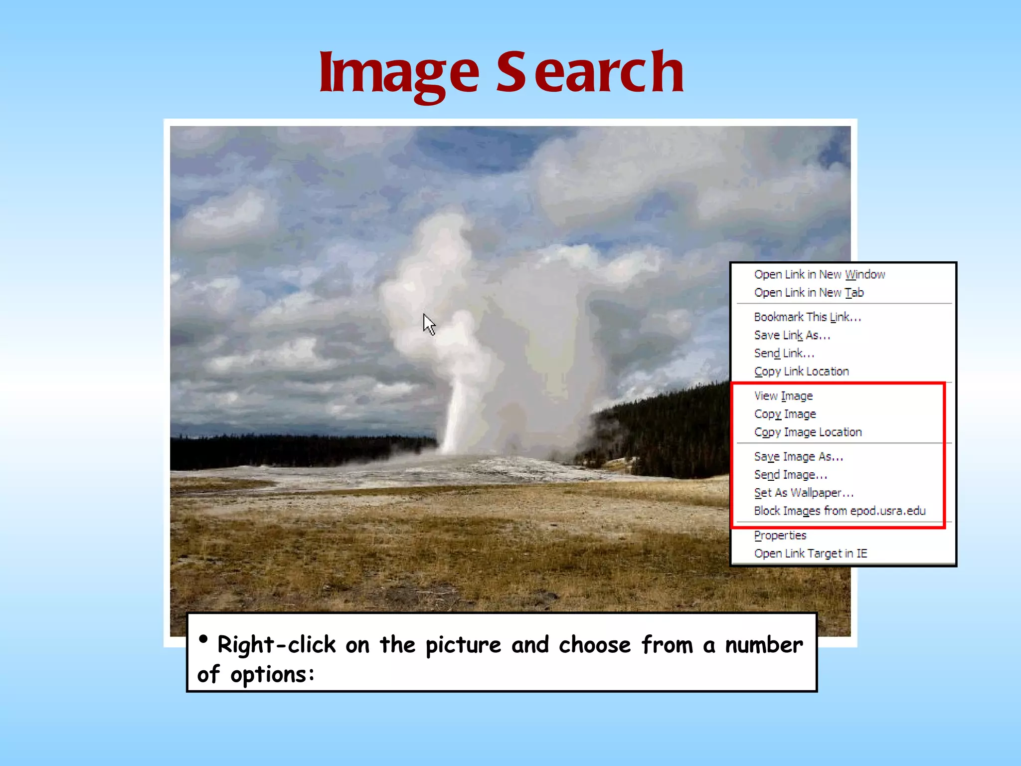 Image Search Right-click on the picture and choose from a number of options: 