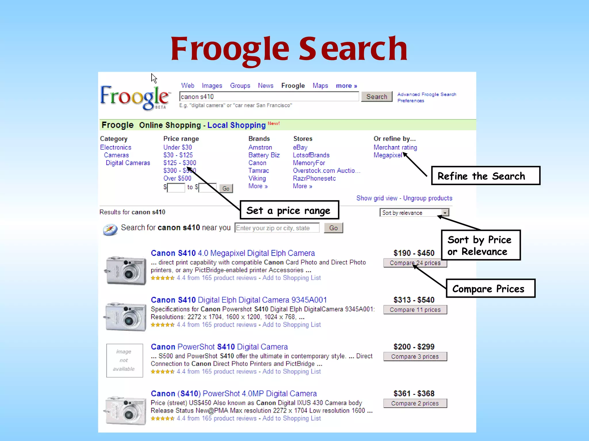 Froogle Search Compare Prices Sort by Price or Relevance Set a price range Refine the Search 