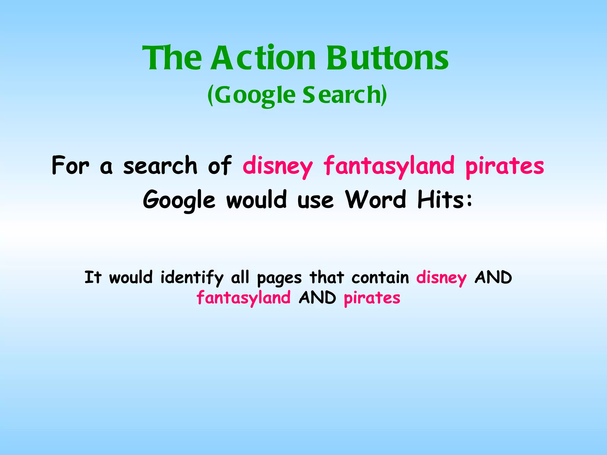 The Action Buttons (Google Search) For a search of  disney fantasyland pirates Google would use Word Hits: It would identify all pages that contain  disney  AND  fantasyland  AND  pirates 