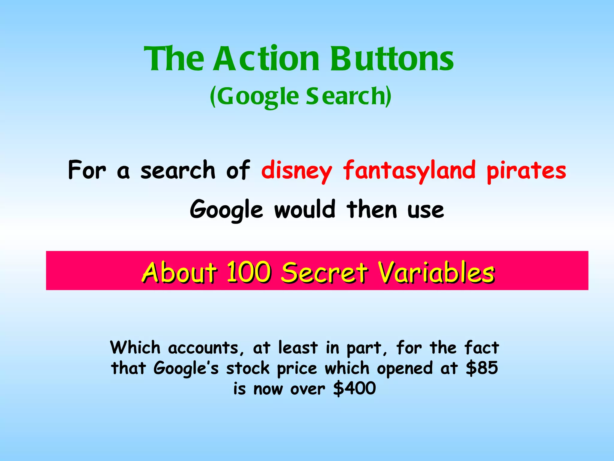 The Action Buttons (Google Search) For a search of  disney fantasyland pirates Google would then use About 100 Secret Variables Which accounts, at least in part, for the fact that Google’s stock price which opened at $85 is now over $400 