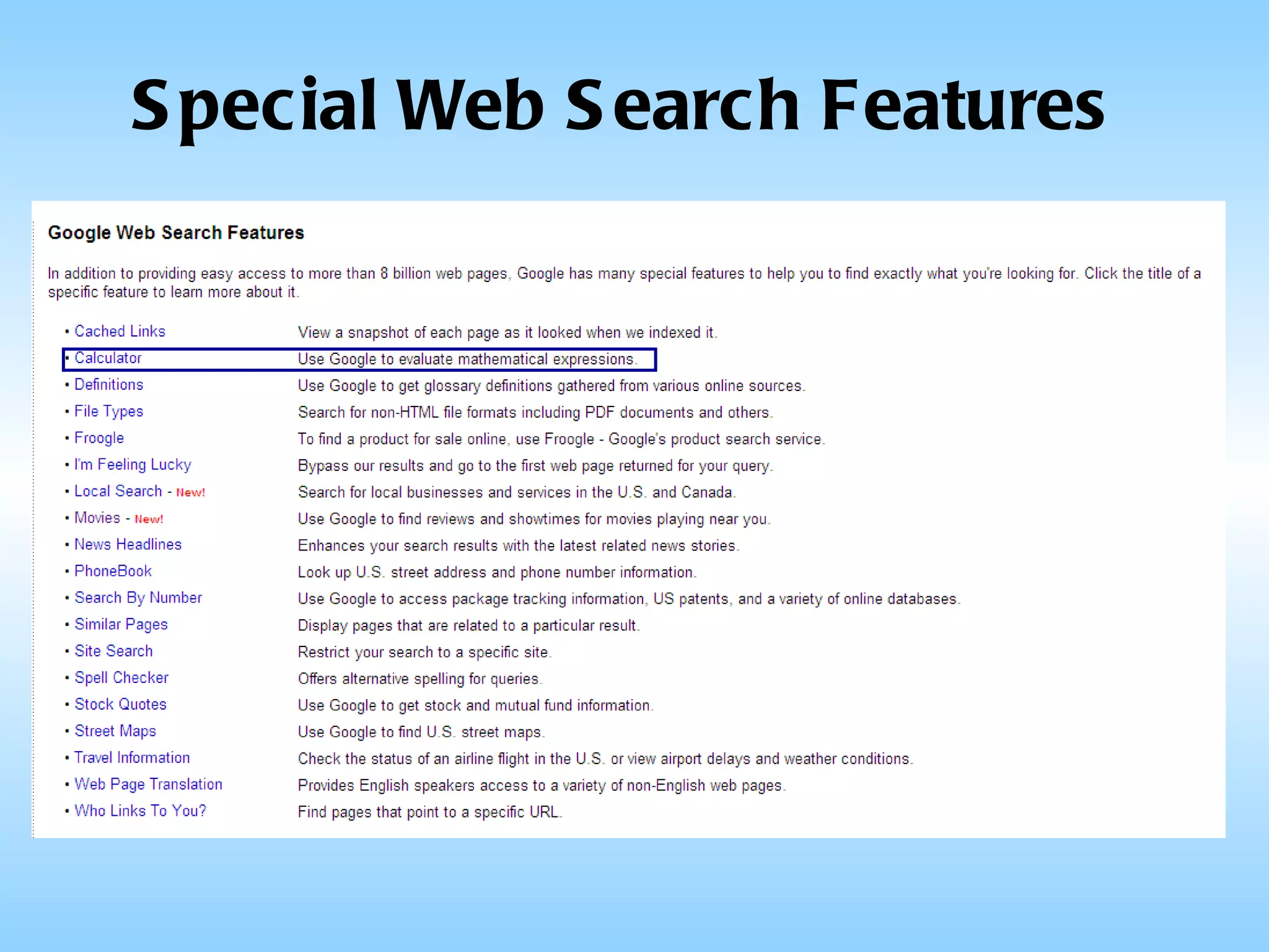 Special Web Search Features 