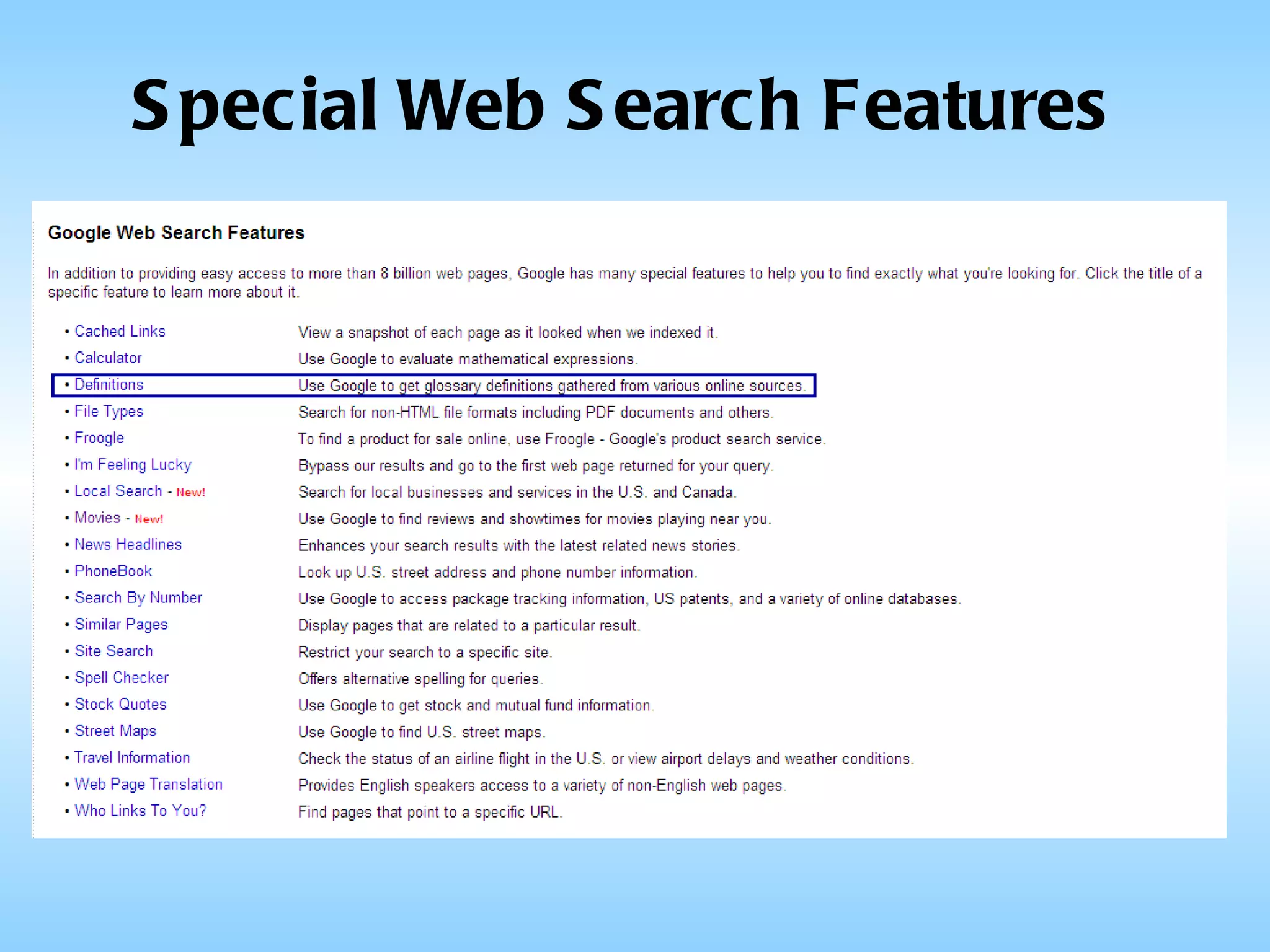 Special Web Search Features 
