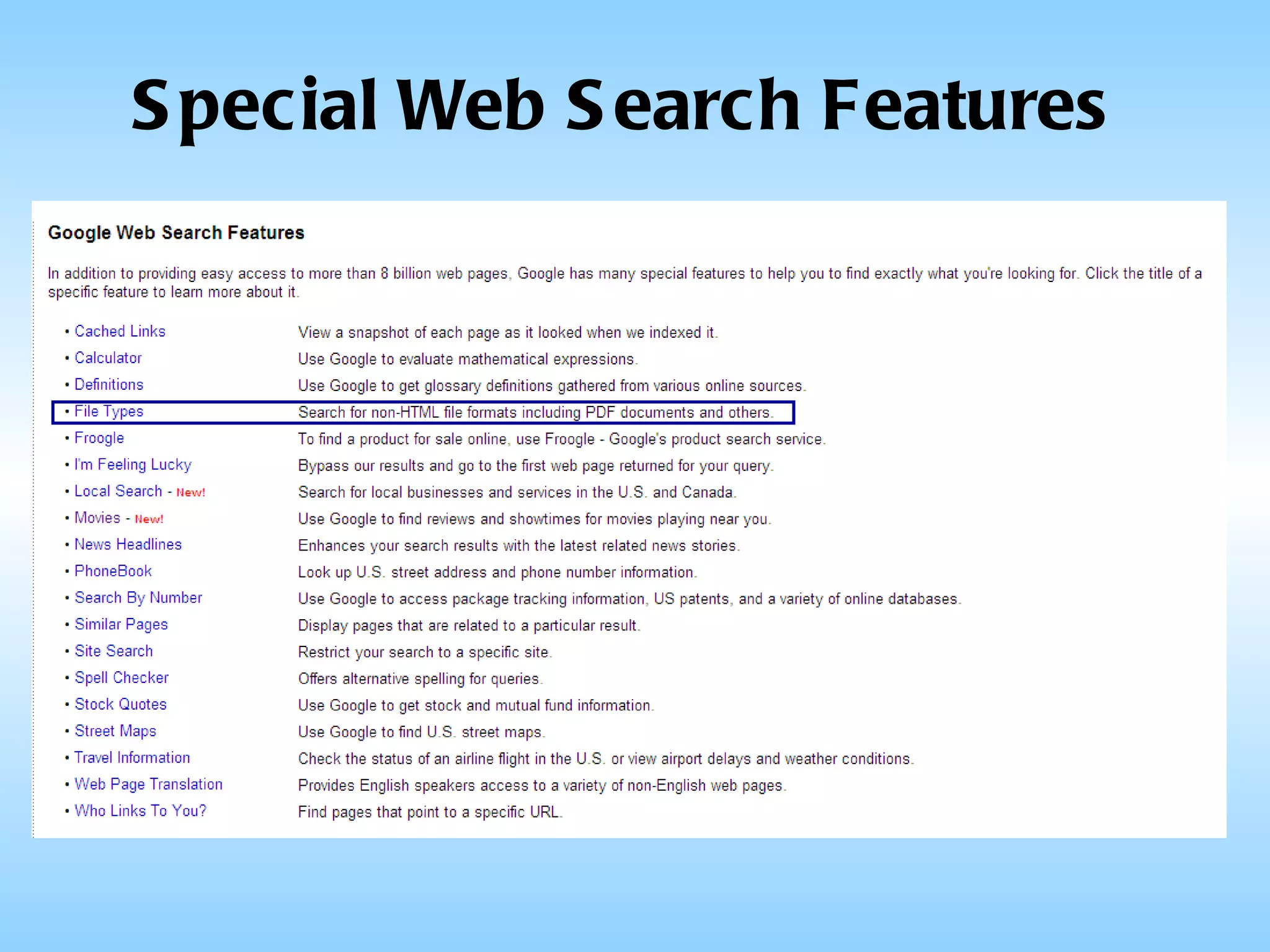 Special Web Search Features 
