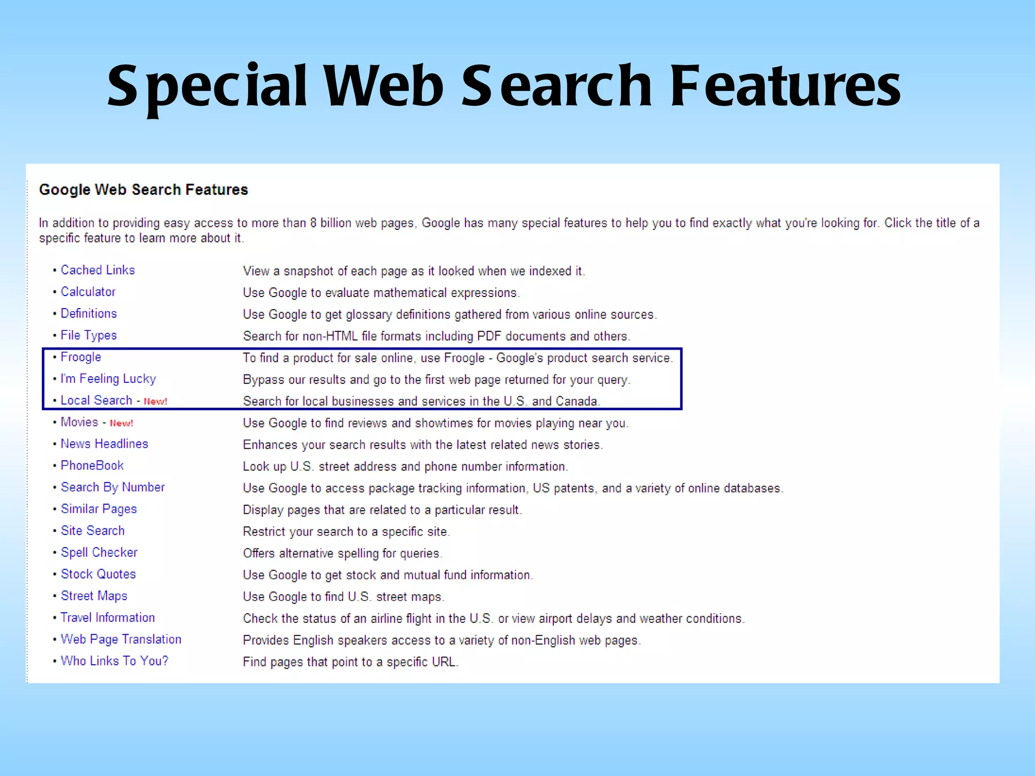 Special Web Search Features 