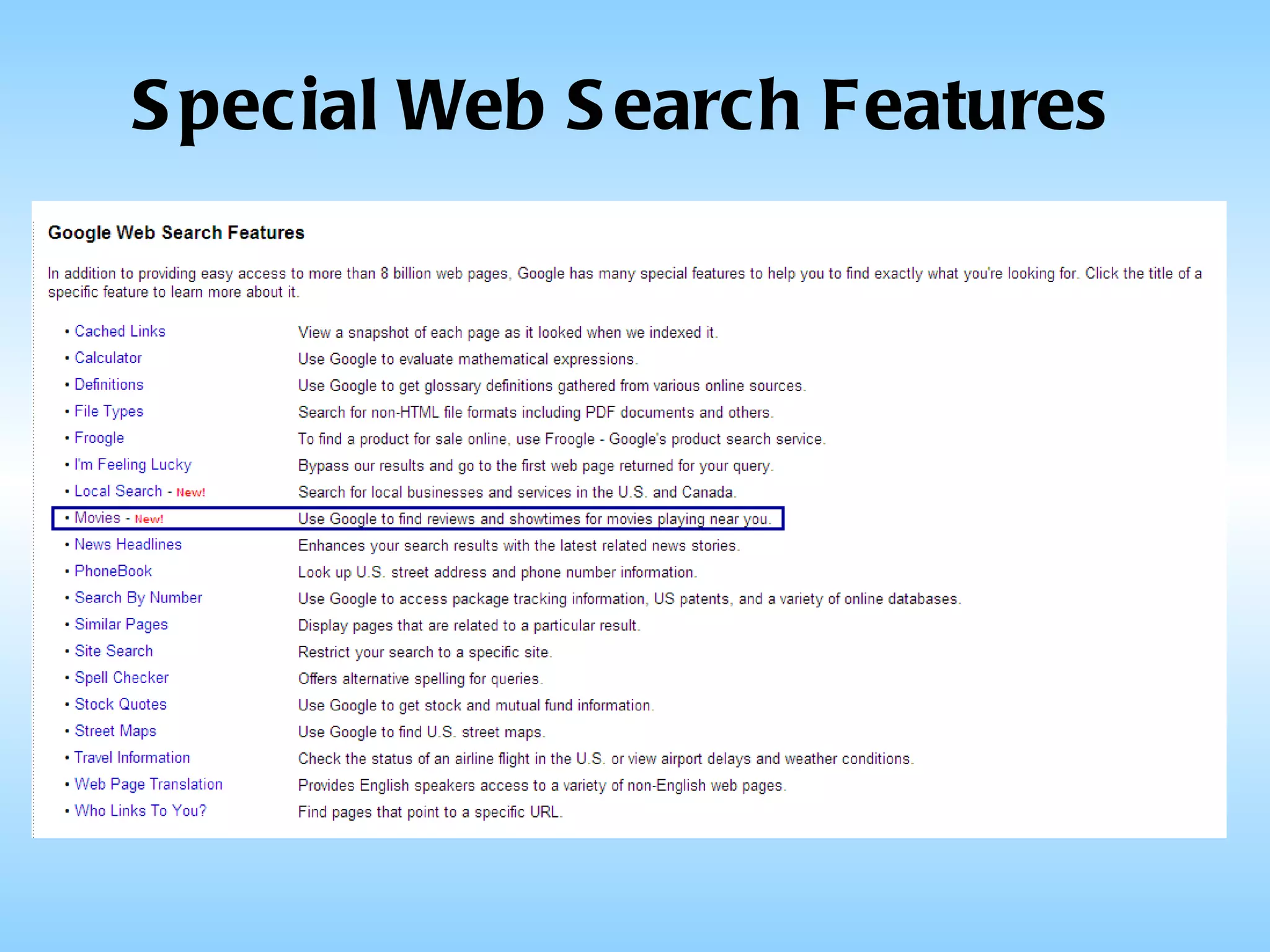 Special Web Search Features 