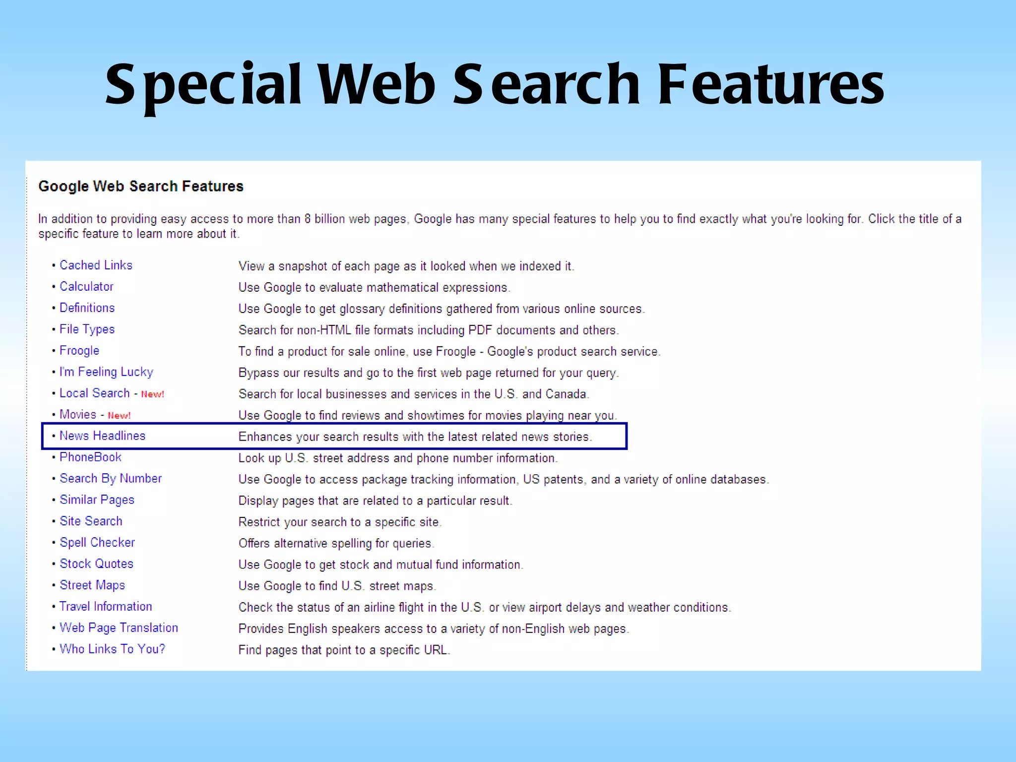 Special Web Search Features 