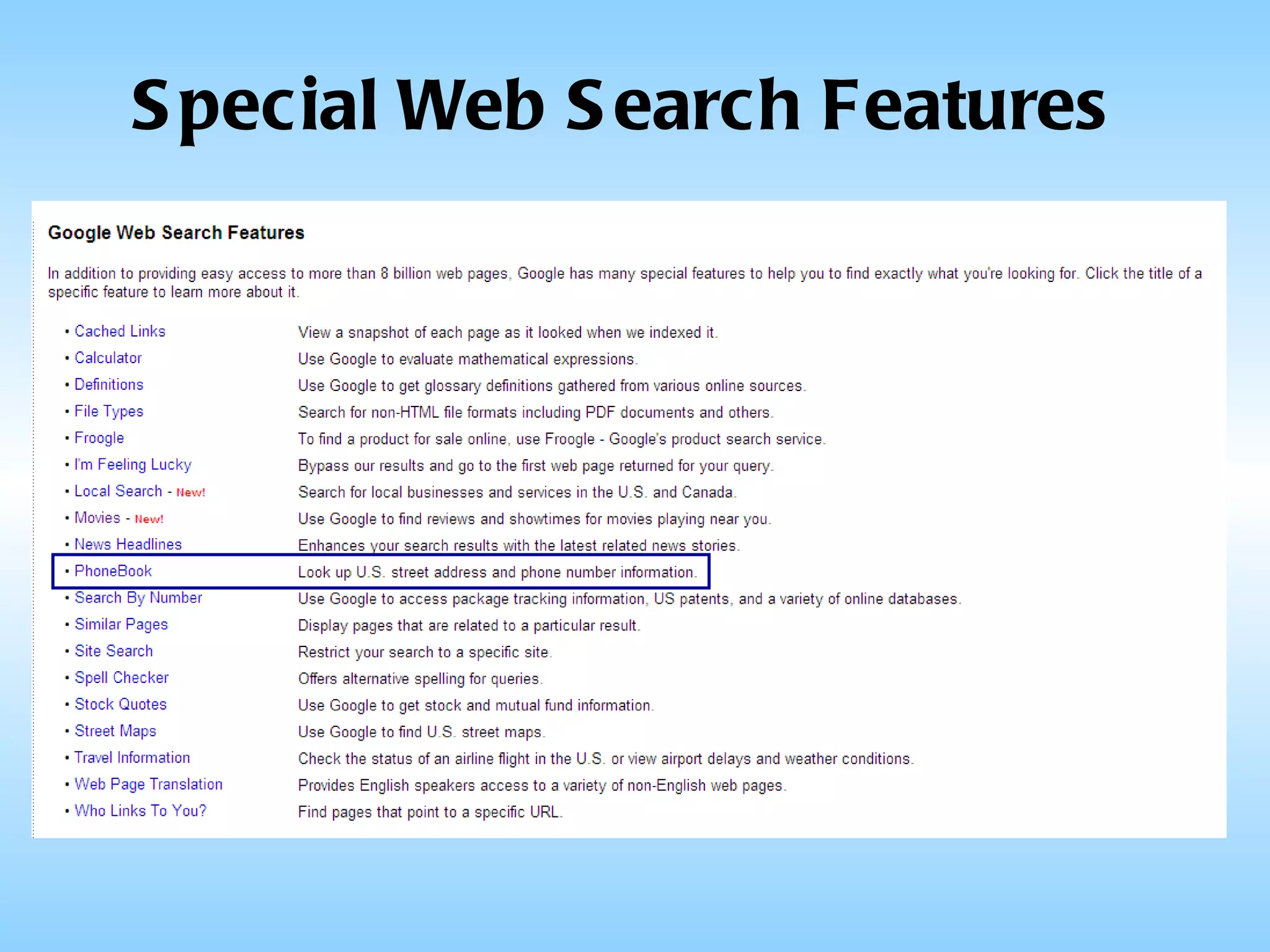 Special Web Search Features 