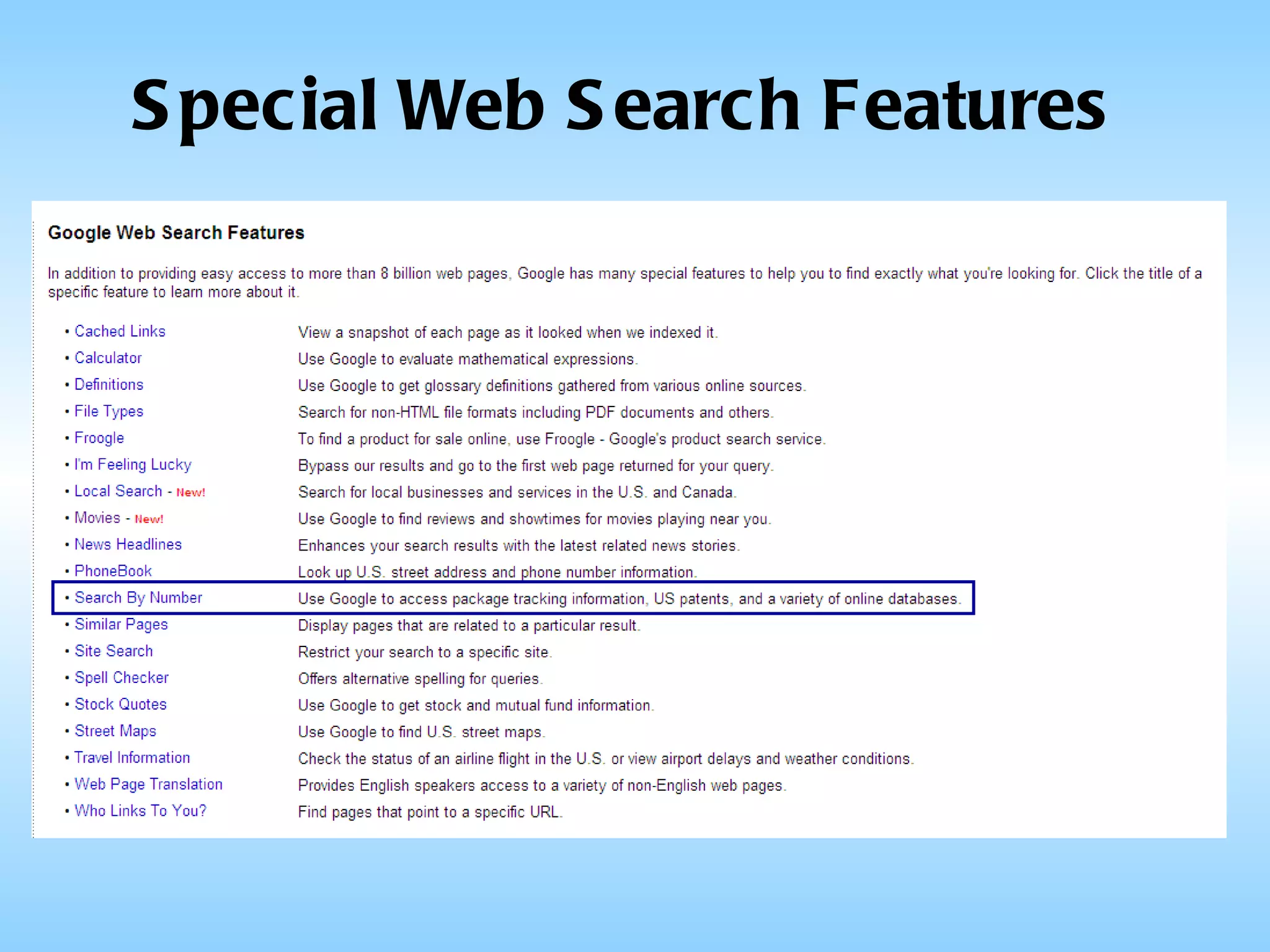 Special Web Search Features 