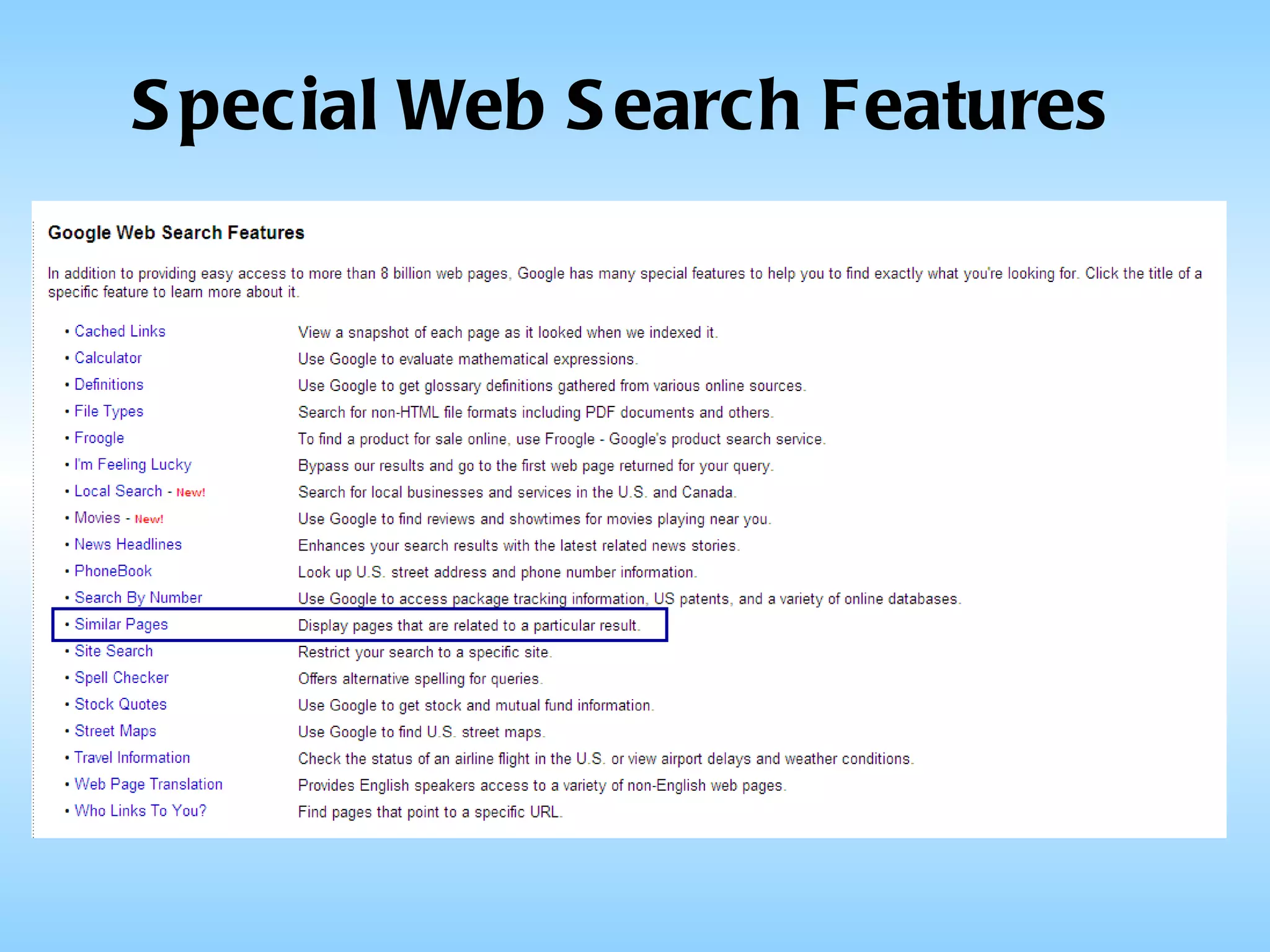 Special Web Search Features 