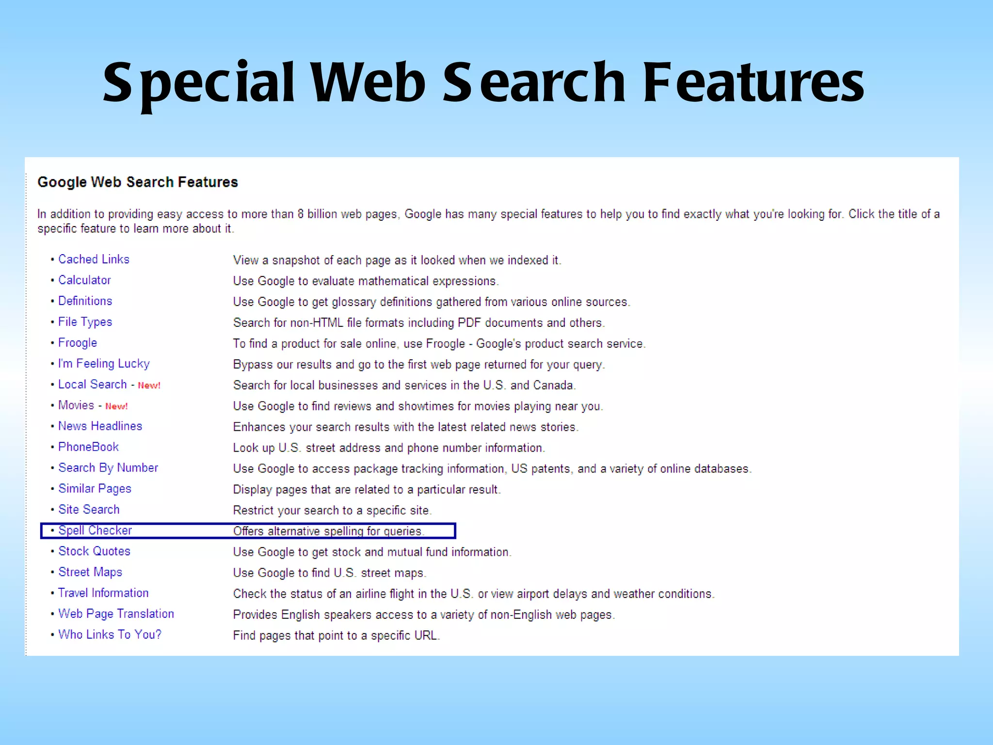 Special Web Search Features 
