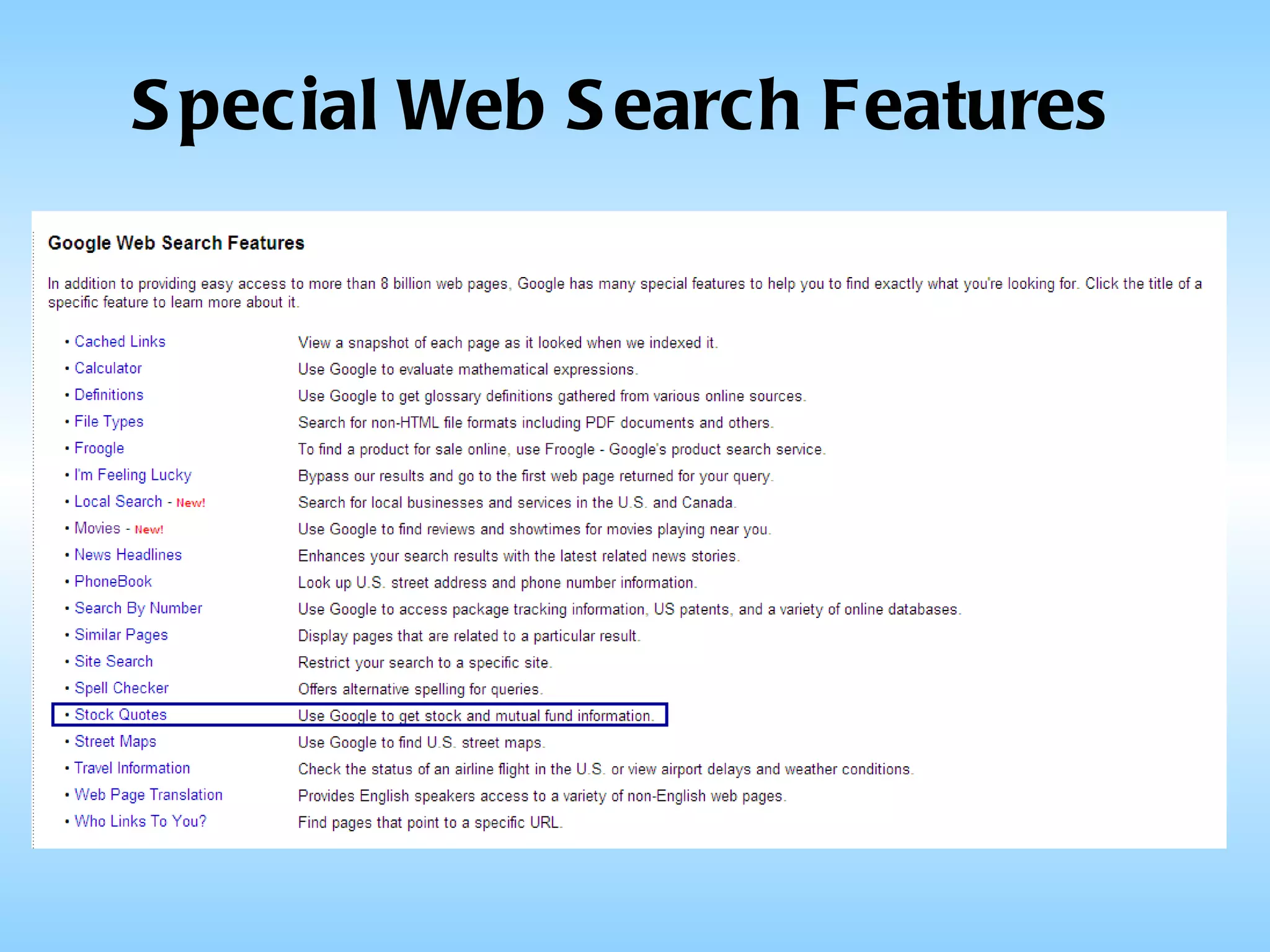 Special Web Search Features 
