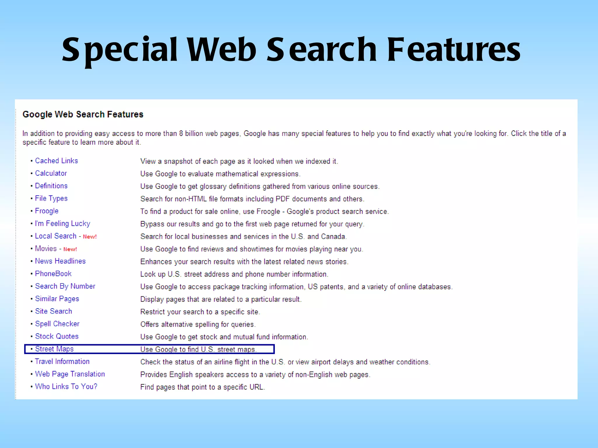 Special Web Search Features 