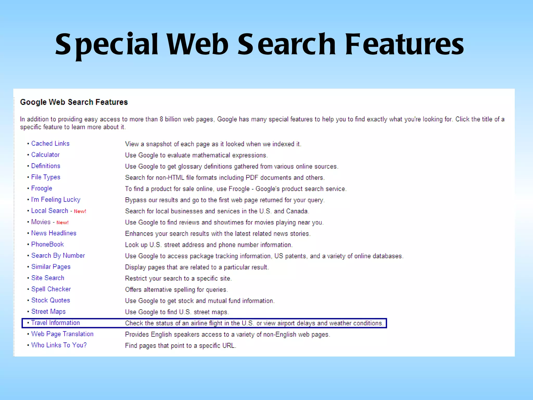 Special Web Search Features 