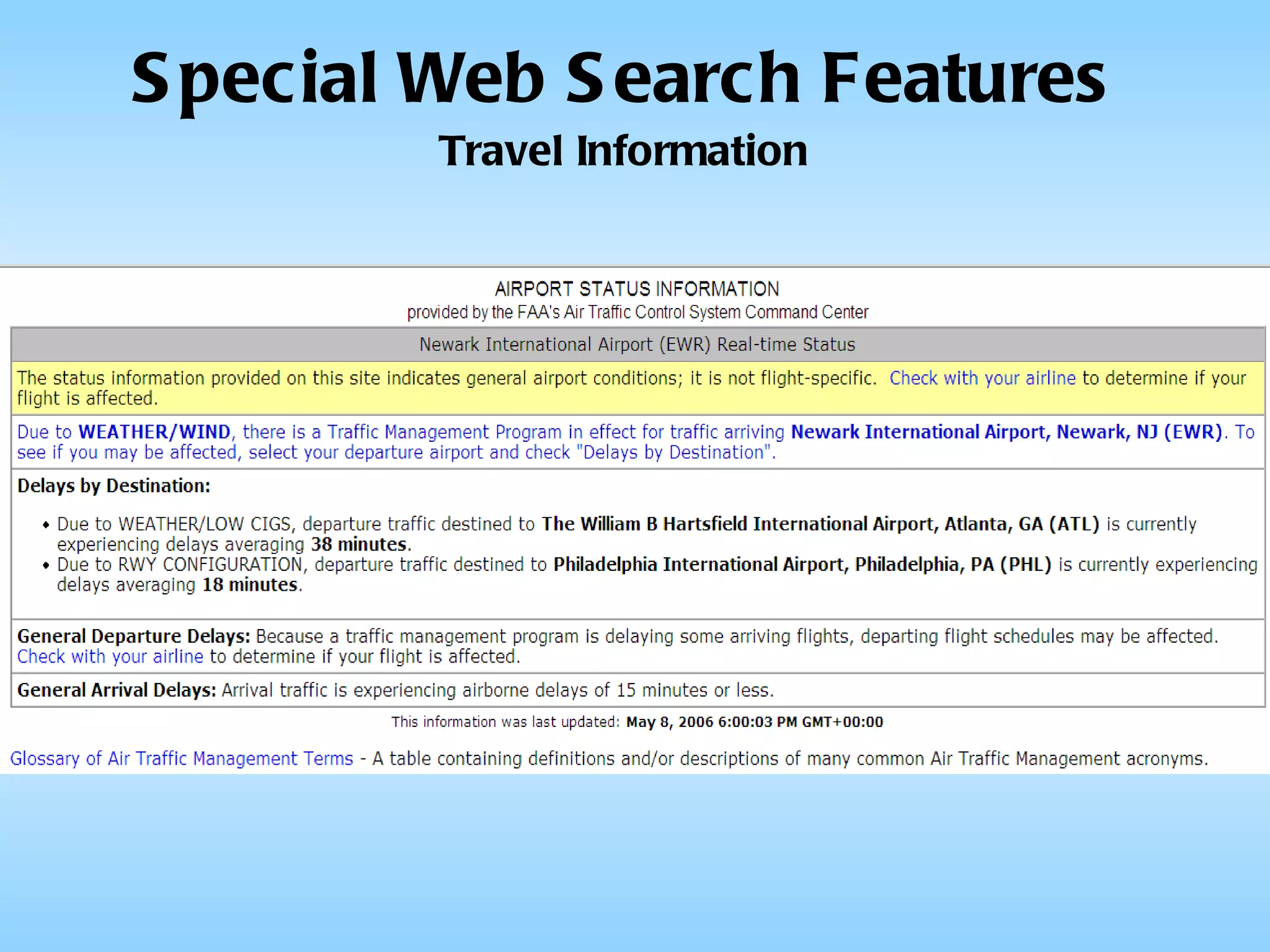 Special Web Search Features Travel Information 