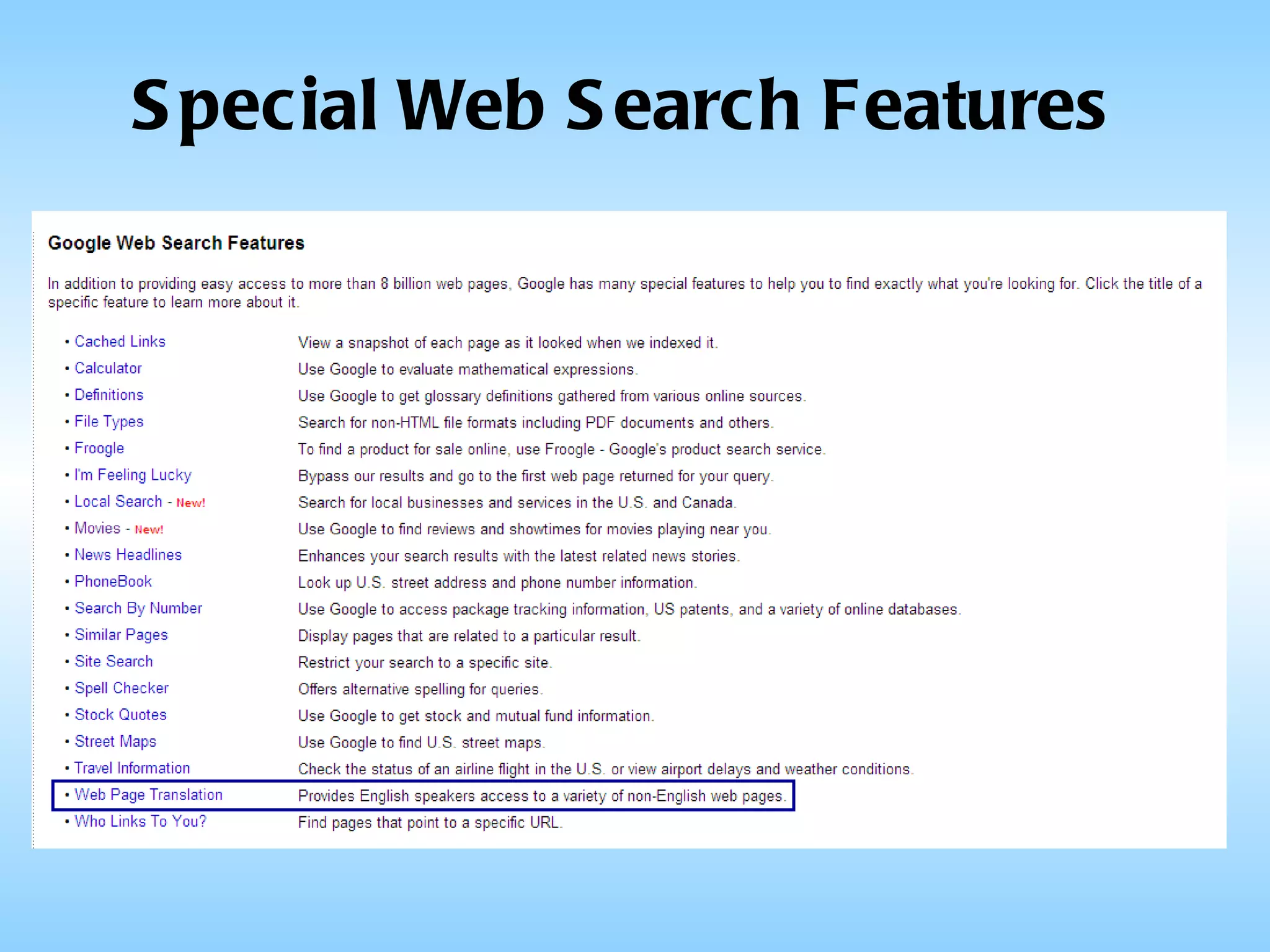 Special Web Search Features 