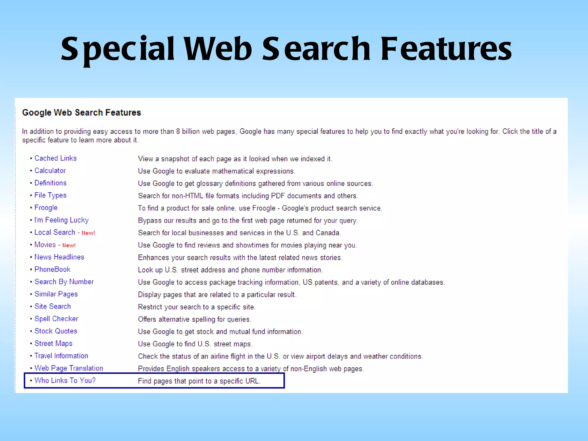 Special Web Search Features 