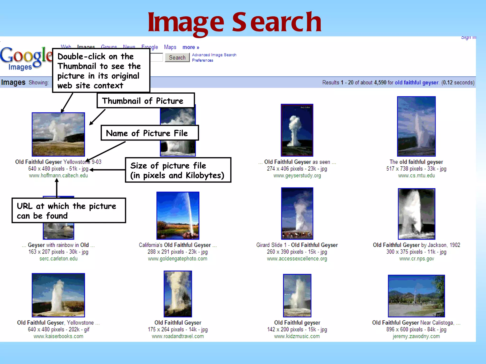 Image Search Thumbnail of Picture Name of Picture File Size of picture file  (in pixels and Kilobytes) URL at which the picture can be found Double-click on the Thumbnail to see the picture in its original web site context 