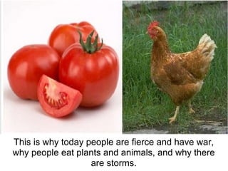 This is why today people are fierce and have war,
why people eat plants and animals, and why there
                   are storms.
 