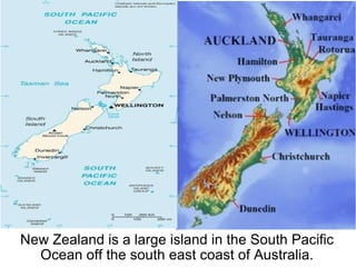 New Zealand is a large island in the South Pacific Ocean off the south east coast of Australia. 