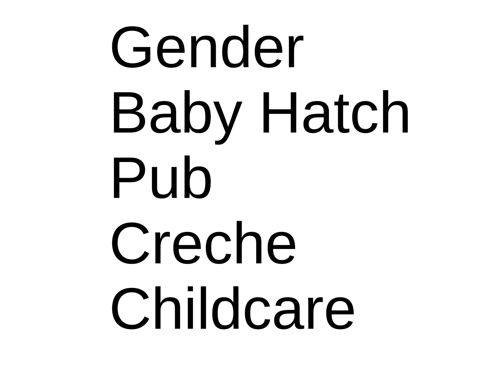 Gender
Baby Hatch
Pub
Creche
Childcare
 