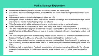 Market Strategy Explanation
● Increase value of existing Boxed Customers by offering coupons and free shipping.
● Acquire new Boxed customer by Referrals, Word of Mouth, and social media sharing tactics to increase brand
awareness.
● Utilize search engine optimization by keywords, titles, and URL
● Posting best content on all social media sites which is relatable to our target market of moms with large families
and moms who need to make shopping simple and efficient.
● Video Campaign which will be relatable and have an emotional connection to our target market.
● Video Campaign will be posted to social media sites during peak times of user engagement
● The other paid content will be given to customers who post a picture of their Boxed order with its contents, our
specific hashtag, and tag Boxed Facebook page to its social media post, will receive free shipping on their next
order.
● The search engine optimization is already being utilized, which a portion of our budget will be used to continue
to assure the keywords, titles, and URL are the main types used to optimize customer reach.
● The other paid content will be given to customers who post a picture of their Boxed order with its contents, our
specific hashtag, and tag Boxed Facebook page to its social media post, will receive free shipping on their next
order.
● Paid content will be published on Facebook, search engine optimization, referrals, and LinkedIn. The referrals
are word of mouth and give $15 off to users who refer a new customer, and $15 off the new customers first
order.
 