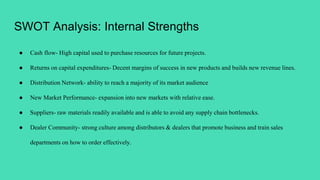 SWOT Analysis: Internal Strengths
● Cash flow- High capital used to purchase resources for future projects.
● Returns on capital expenditures- Decent margins of success in new products and builds new revenue lines.
● Distribution Network- ability to reach a majority of its market audience
● New Market Performance- expansion into new markets with relative ease.
● Suppliers- raw materials readily available and is able to avoid any supply chain bottlenecks.
● Dealer Community- strong culture among distributors & dealers that promote business and train sales
departments on how to order effectively.
 