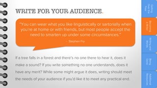 make a sound? If you write something no one understands, does it
the needs of your audience if you’d like it to meet any practical end.

Additional
Resources

have any merit? While some might argue it does, writing should meet

Being
Done

If a tree falls in a forest and there’s no one there to hear it, does it

Writing and
Words

- Stephen Fry

Becoming
a Writer

“You can wear what you like linguistically or sartorially when
you’re at home or with friends, but most people accept the
need to smarten up under some circumstances.”

Getting
Over the
Fear

WRITE FOR YOUR AUDIENCE.

 