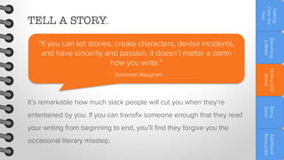 Getting
Over the
Fear

TELL A STORY.

entertained by you. If you can transfix someone enough that they read

Being
Done

It’s remarkable how much slack people will cut you when they’re

Writing and
Words

- Somerset Maugham

Becoming
a Writer

“If you can tell stories, create characters, devise incidents,
and have sincerity and passion, it doesn’t matter a damn
how you write.”

your writing from beginning to end, you’ll find they forgive you the
Additional
Resources

occasional literary misstep.

 
